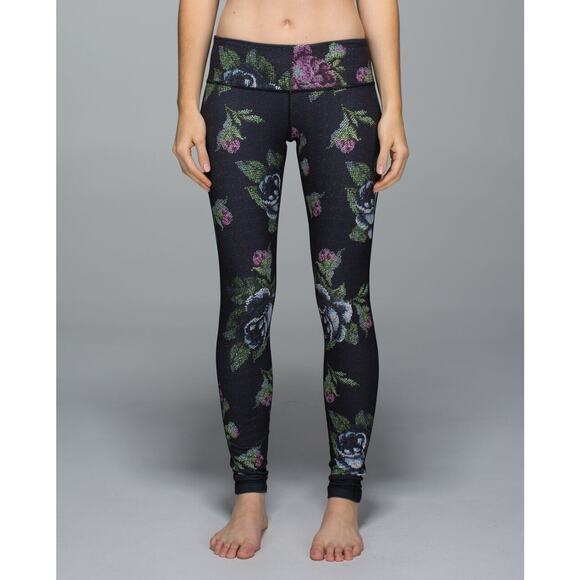 Lululemon Size 4 Wunder Under Pants Leggings Black Pink Full On Luon Garden - Picture 8 of 11